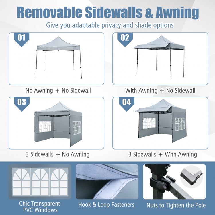 Pop up canopy tent with detachable sidewalls and awning, gray, ideal for parties and picnics, featuring transparent.