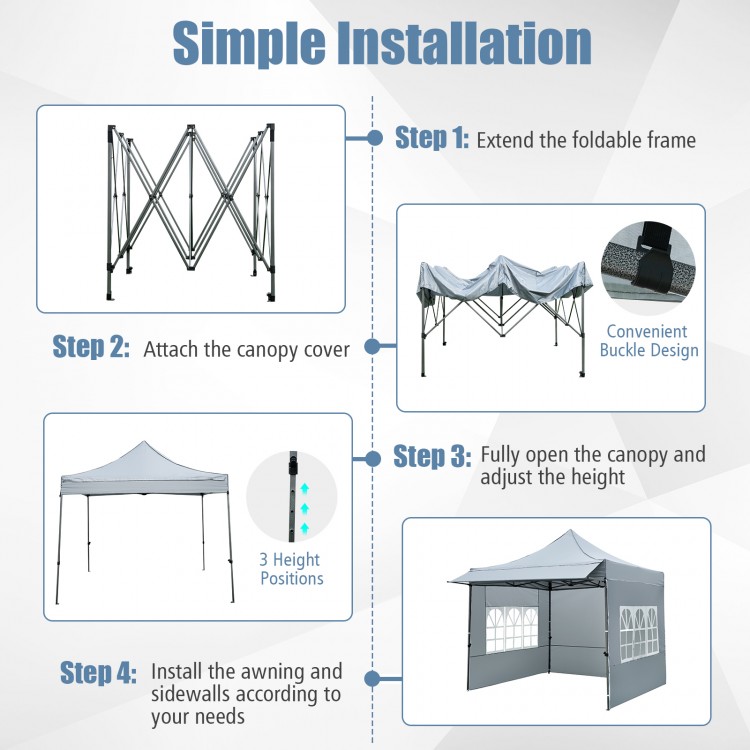 Pop-up canopy tent with detachable sidewalls and awning, featuring a sturdy metal frame for events and picnics.