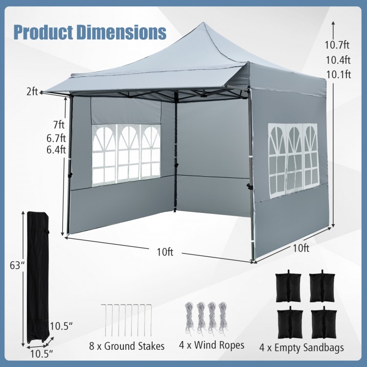 10 x 10 FT gray pop-up canopy tent with sidewalls, detachable awning, and dimensions for outdoor events and parties.