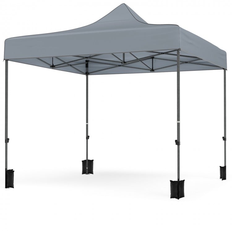 Gray 10 x 10 FT pop-up canopy tent with removable sidewalls, sturdy metal frame, and wheeled bag for outdoor events.