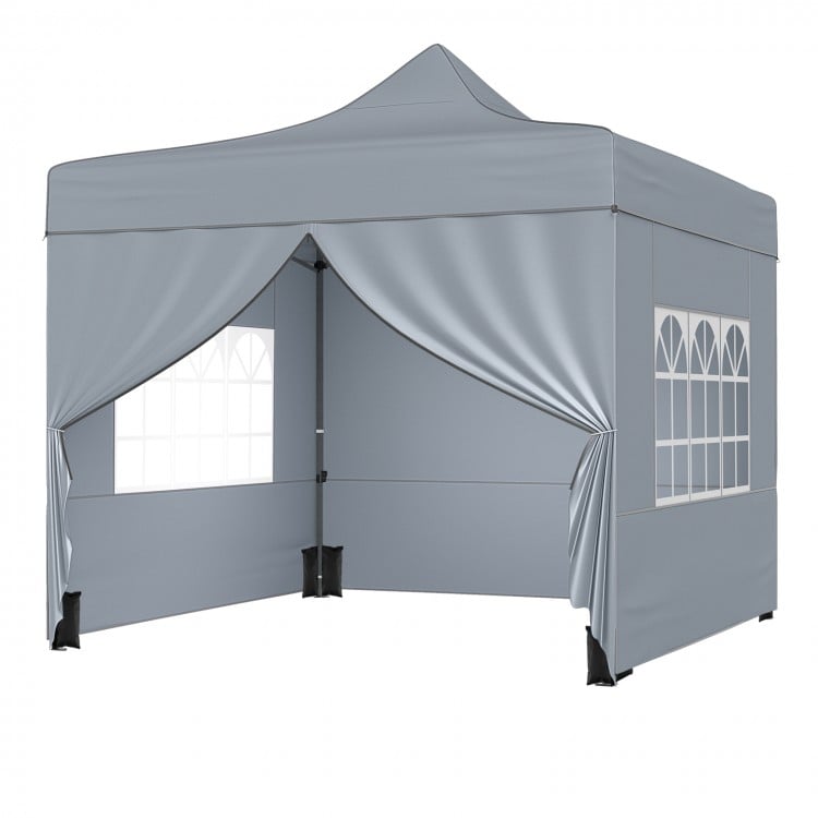 Gray 10 x 10 FT pop-up canopy tent with 4 removable sidewalls and windows, ideal for outdoor events and gatherings.