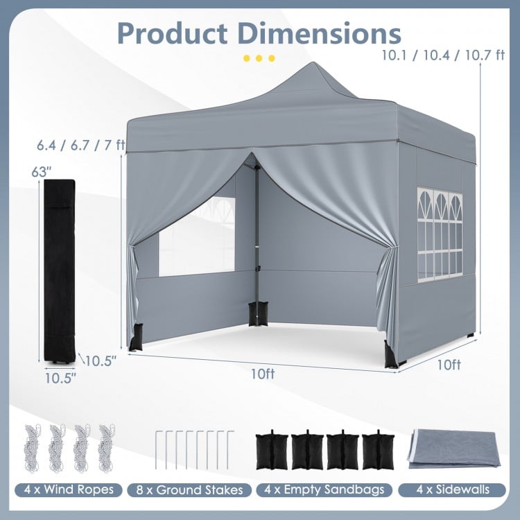 10 x 10 FT gray pop-up canopy tent with 4 removable sidewalls, dimensions, and included accessories for outdoor events.