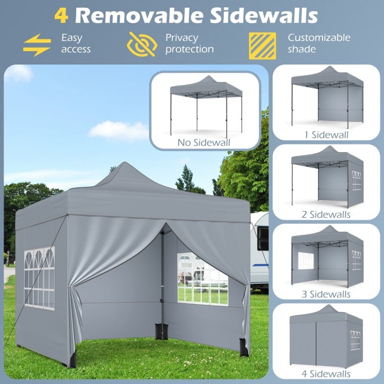 Gray 10 x 10 FT pop-up canopy tent with 4 removable sidewalls, ideal for outdoor events and easy access.