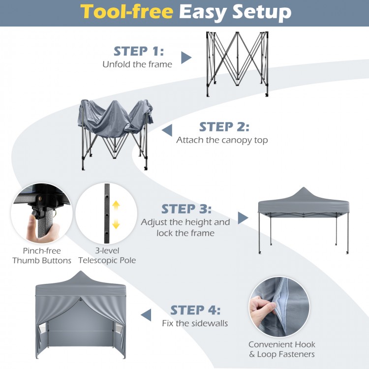 Step-by-step setup guide for the 10 x 10 FT pop-up canopy tent with removable sidewalls and wheeled bag.