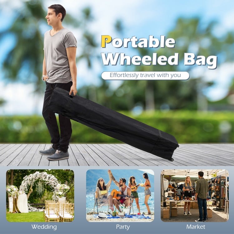 Portable wheeled bag for 10 x 10 FT pop-up canopy tent, ideal for weddings, parties, and markets.
