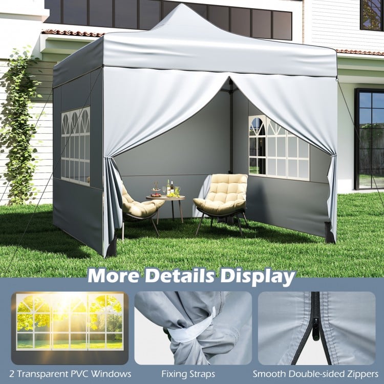 Gray 10 x 10 FT pop-up canopy tent with 4 removable sidewalls and 2 transparent PVC windows for outdoor events.