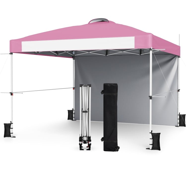 Foldable pink 10 x 10 feet pop-up canopy with adjustable height, roller bag, and detachable sidewall for outdoor events.