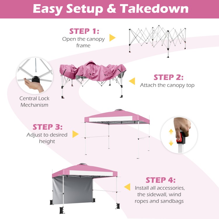 Foldable 10 x 10 feet pink pop-up canopy with adjustable height, perfect for outdoor events and easy to transport.