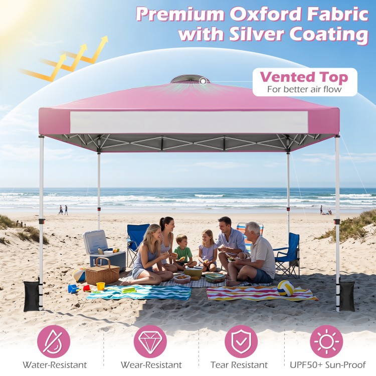 Foldable 10 x 10 feet pink pop-up canopy made of premium oxford fabric, perfect for outdoor events and easy to transport.