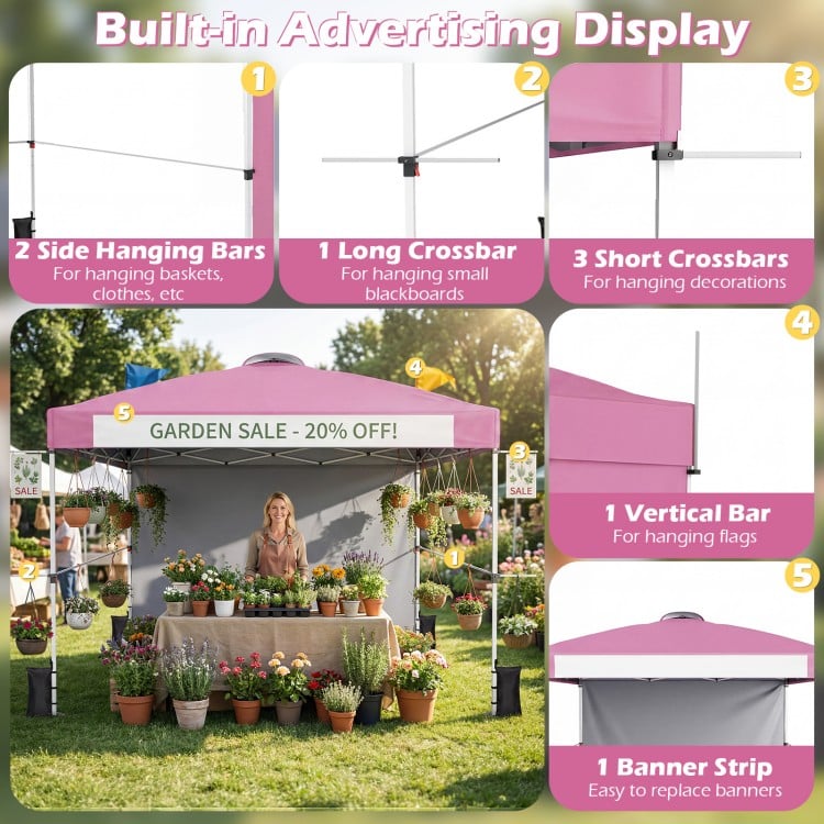 Pink 10 x 10 feet foldable pop-up canopy features adjustable height, side hanging bars, and a banner strip for promotions.