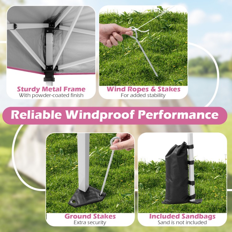 Sturdy metal frame with wind ropes and stakes ensures reliable stability for the 10 x 10 feet pink pop-up canopy.