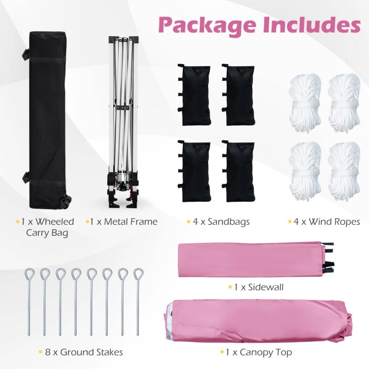 Includes a pink 10 x 10 feet pop-up canopy with a roller bag, sidewall, sandbags, and wind ropes for stability.