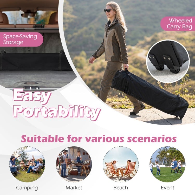 Foldable 10 x 10 feet pink pop-up canopy with roller bag, ideal for outdoor events, camping, and family gatherings.