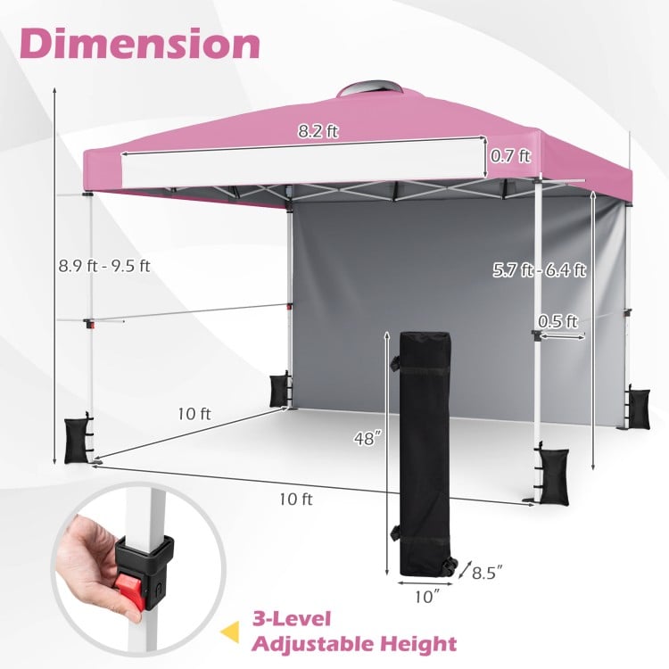 Foldable pink 10 x 10 feet pop-up canopy with adjustable height, perfect for outdoor events and easy to transport.
