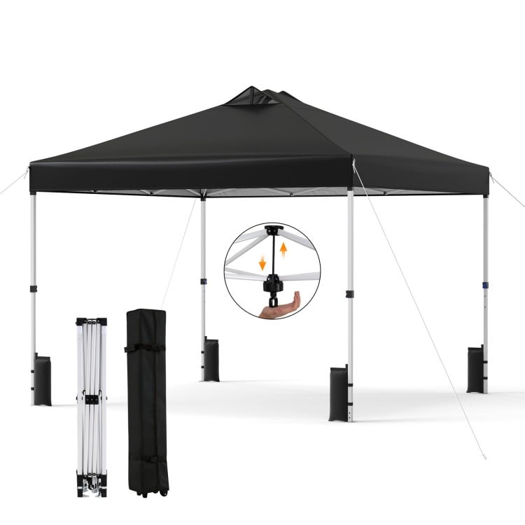 Black 10 x 10 feet outdoor pop-up canopy tent with adjustable height and sturdy steel frame for stable outdoor use.