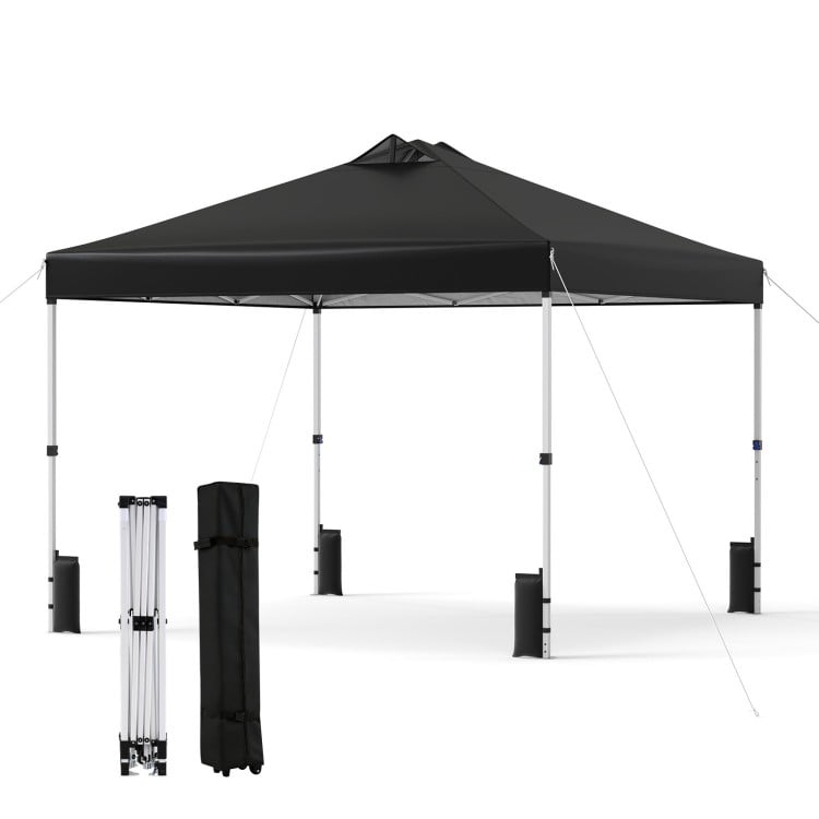 Black 10 x 10 feet outdoor pop-up canopy tent with sturdy steel frame, adjustable height, and wheeled carrying bag.