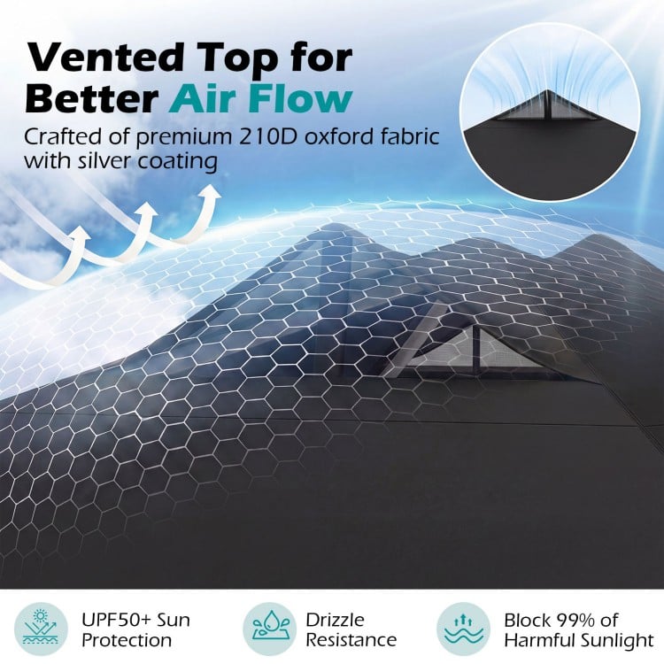 Vented top of the 10 x 10 feet black outdoor canopy tent enhances air flow and provides UPF50+ sun protection.