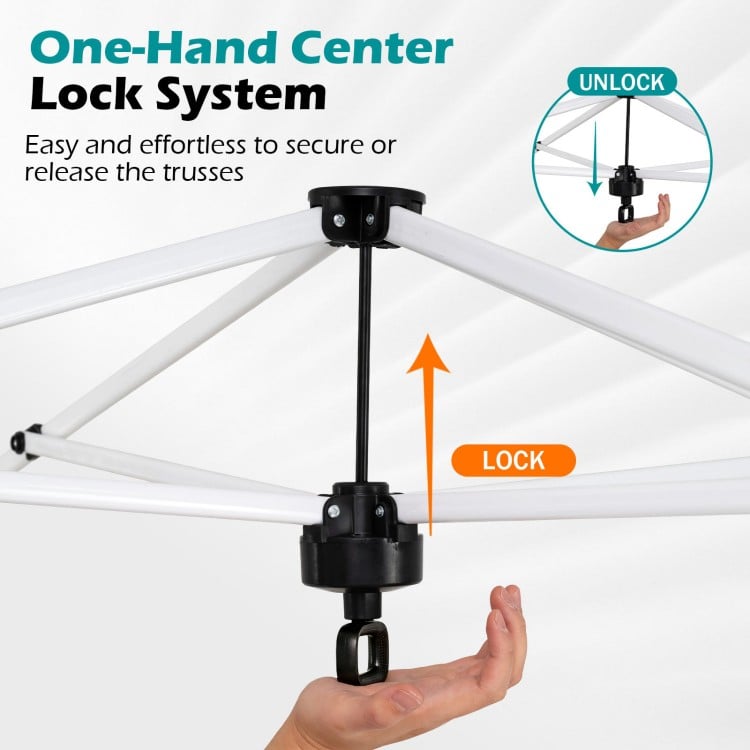 One-hand center lock system for easy setup of the 10 x 10 feet black outdoor pop-up canopy tent.