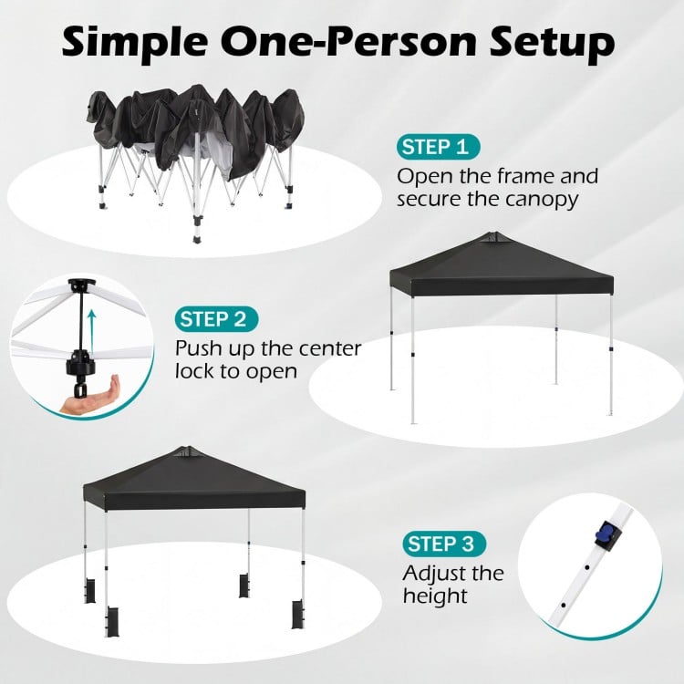 Step-by-step setup instructions for the 10 x 10 feet black outdoor pop-up canopy tent with adjustable height.