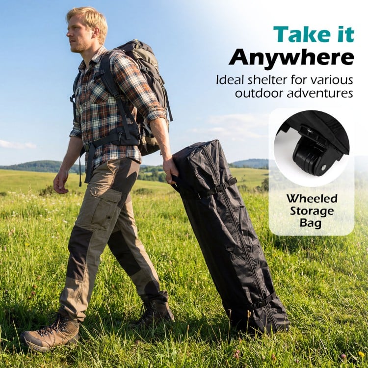 Black 10 x 10 feet outdoor pop-up canopy tent with wheeled storage bag, ideal for various outdoor adventures.
