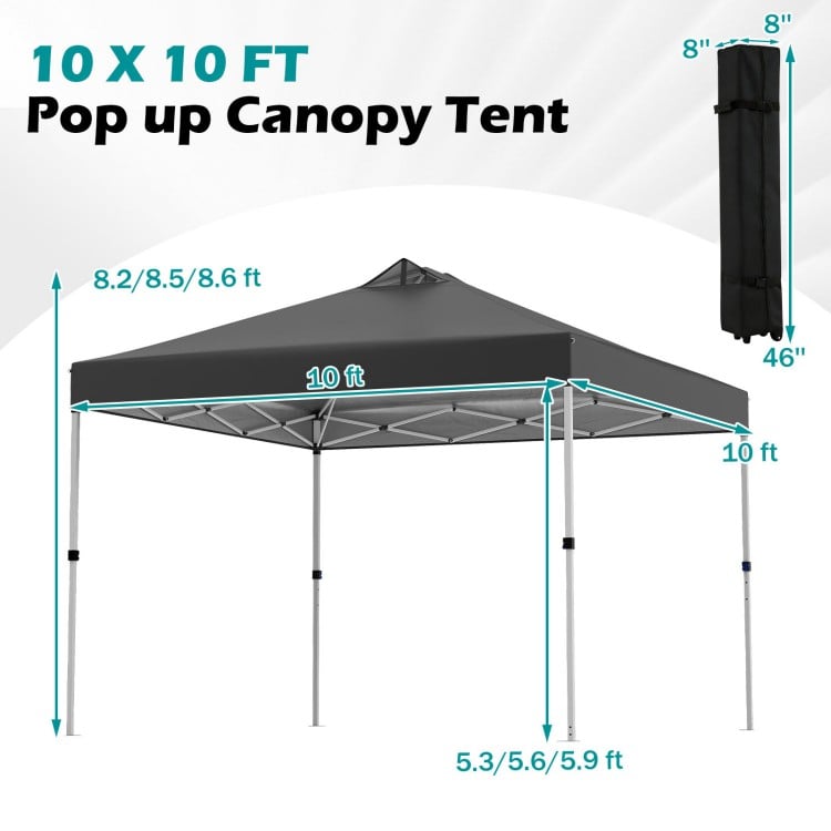 10 x 10 feet black pop-up canopy tent with sturdy steel frame, adjustable height, and wheeled carrying bag for outdoor.