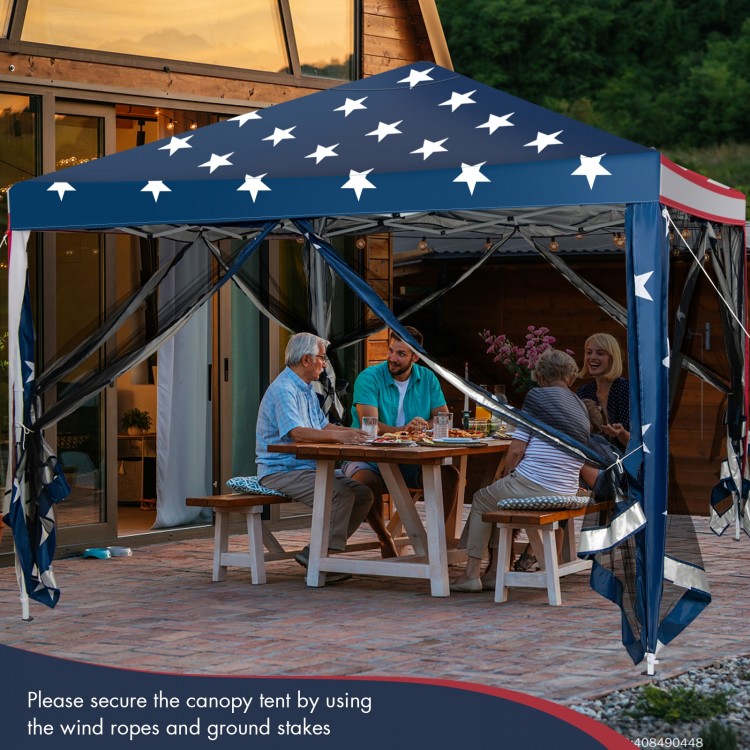 10x10 feet pop-up canopy tent with American flag design, featuring removable mesh walls for outdoor gatherings.