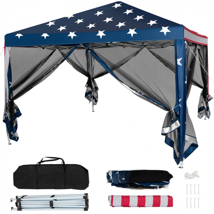 10x10 feet pop-up canopy tent with American flag design, waterproof fabric, and removable mesh walls for outdoor events.