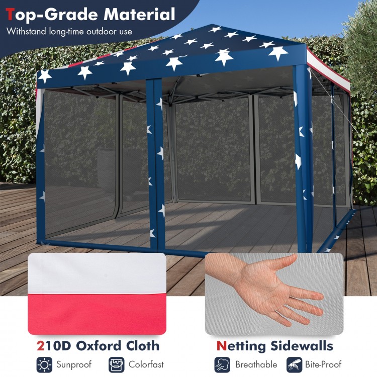 10 x 10 feet pop-up canopy tent with American flag design, made of waterproof Oxford fabric, ideal for outdoor events.