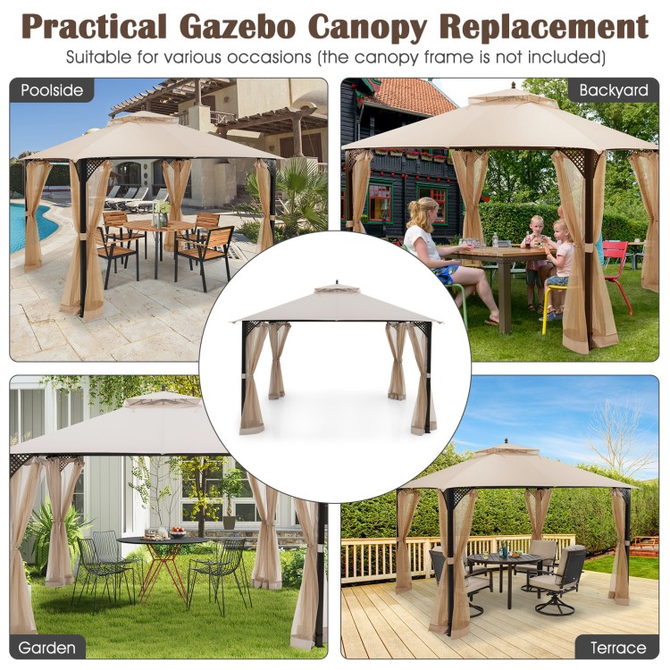 Beige 10 x 12 feet gazebo replacement top featuring a two-tier roof with ventilation and drainage holes for effective.