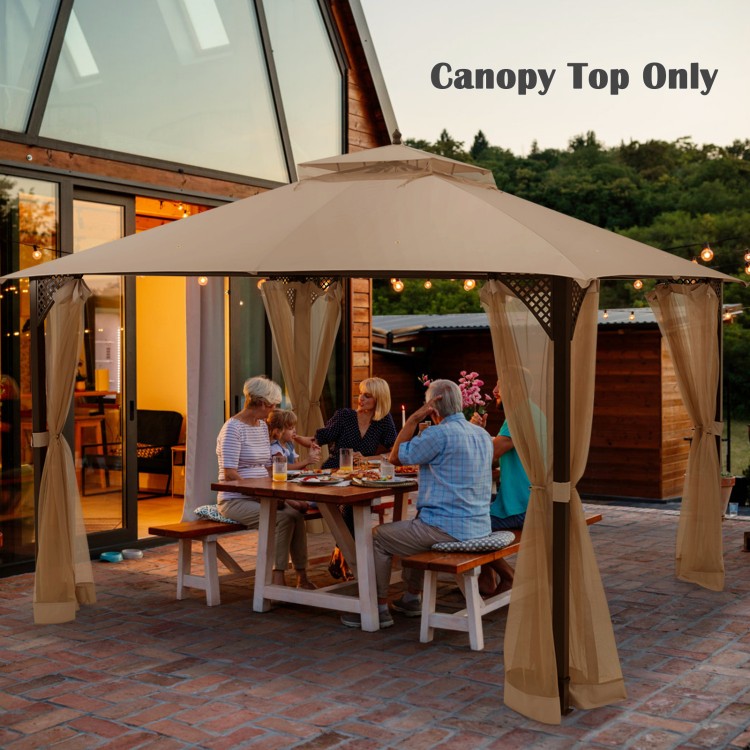 10x12 feet brown gazebo replacement top with air vent and drainage holes, ideal for outdoor gatherings and barbecues.