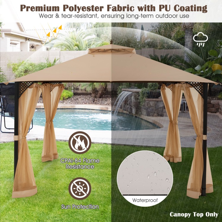 Brown 10 x 12 feet gazebo replacement top with air vent, drainage holes, and waterproof PU coating for outdoor use.