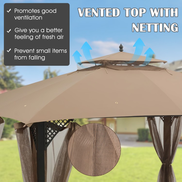 Vented gazebo replacement top in brown, featuring drainage holes and breathable mesh for outdoor gatherings and shade.