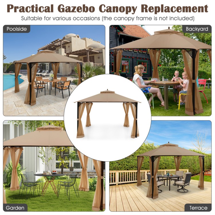 10 x 12 feet brown gazebo replacement top with waterproof coating and 2-tier design, perfect for poolside and backyard.