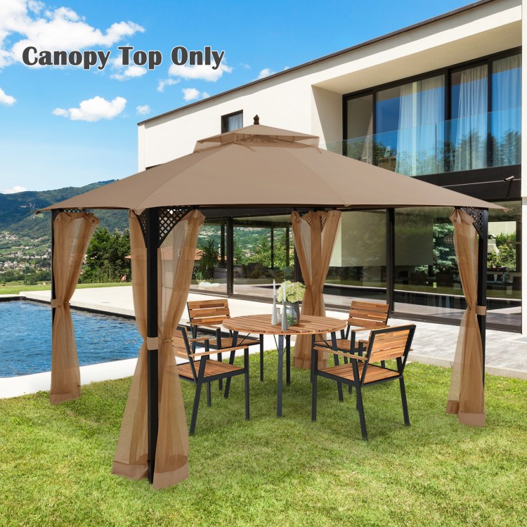 Brown 10 x 12 feet gazebo replacement top showcasing a 2-tier design for improved airflow and water drainage during.