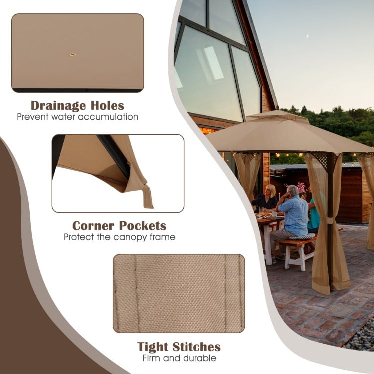 Brown 10 x 12 feet gazebo replacement top featuring drainage holes, corner pockets, and tight stitches for outdoor.