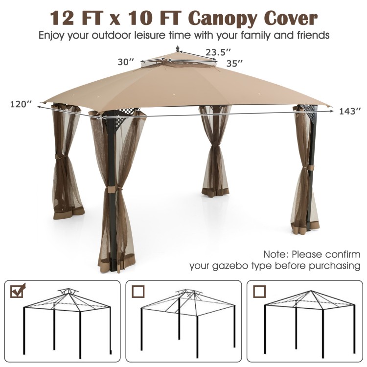 10 x 12 feet gazebo replacement top in brown with air vent, drainage holes, and flame-retardant polyester for outdoor.