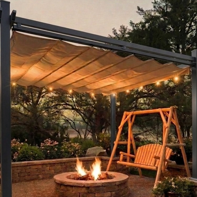 Retractable beige canopy of a 10 x 13 feet outdoor aluminum pergola, perfect for garden and patio gatherings.