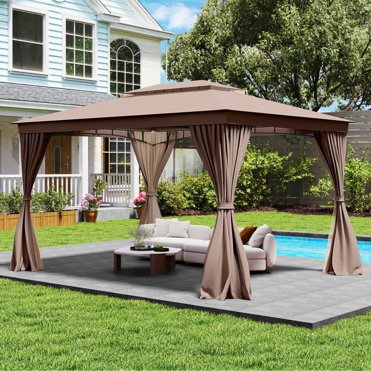 Patio gazebo with double roof in coffee color, featuring mesh netting and privacy curtains, ideal for outdoor.