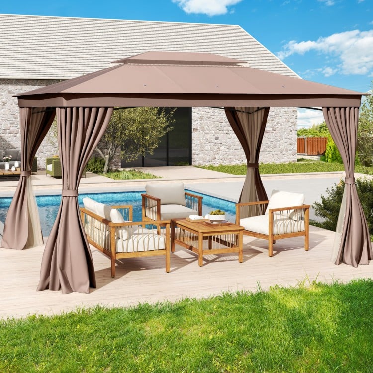Patio gazebo with double roof, mesh netting, and privacy curtains, ideal for outdoor relaxation by the pool.