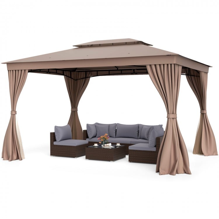 Patio gazebo with double roof, privacy curtains, and mesh netting, ideal for outdoor relaxation and ventilation.