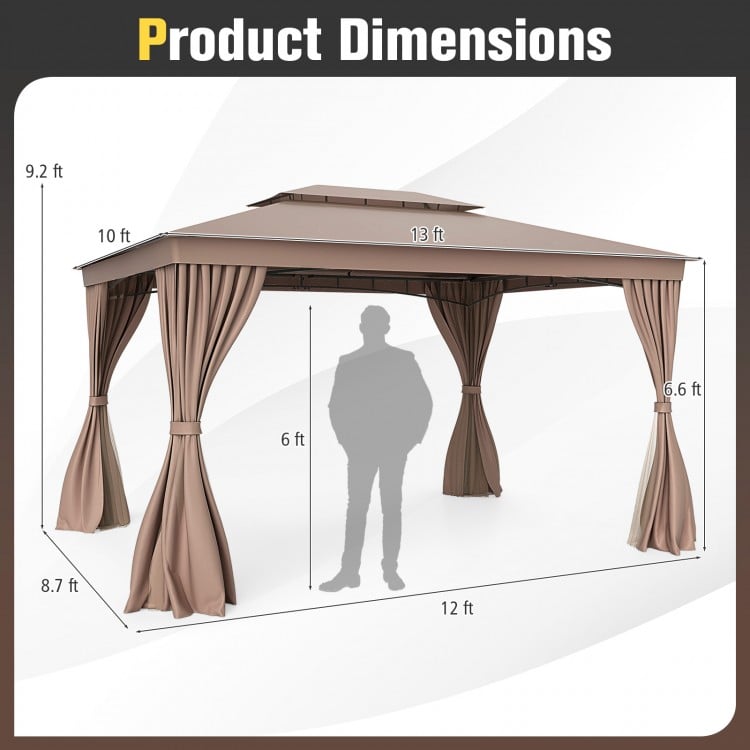 Dimensions of the 10 x 13 feet patio gazebo with double roof, mesh netting, and privacy curtains in coffee color.
