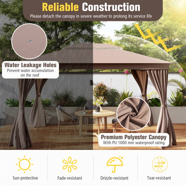Double-roof patio gazebo with coffee polyester canopy, featuring water leakage holes and mesh netting for ventilation.