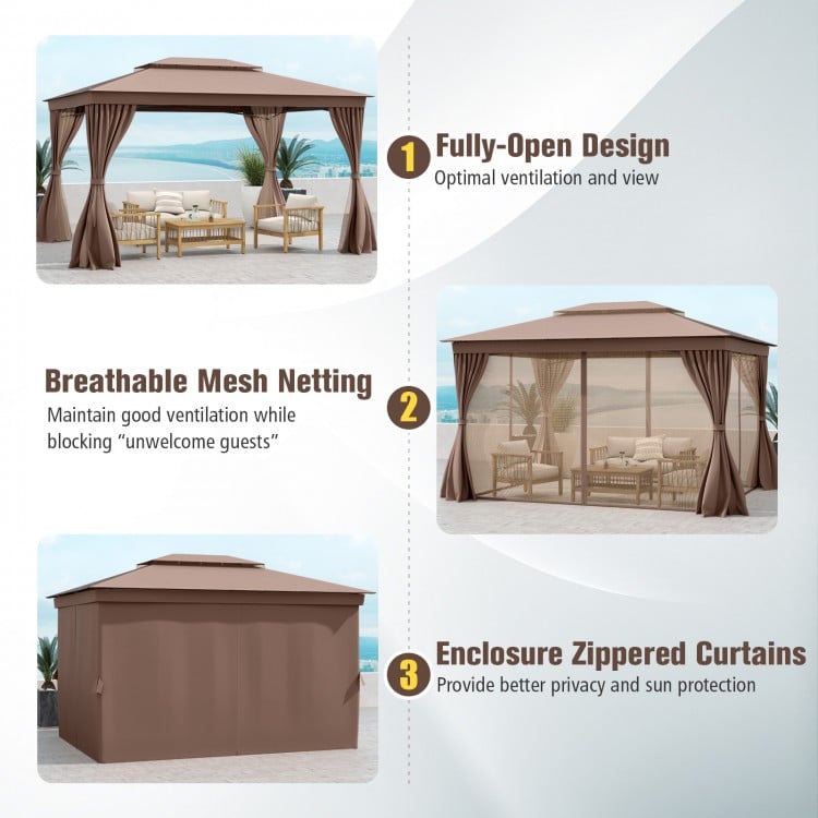 Patio gazebo with double roof, mesh netting, and privacy curtains for optimal ventilation and sun protection.