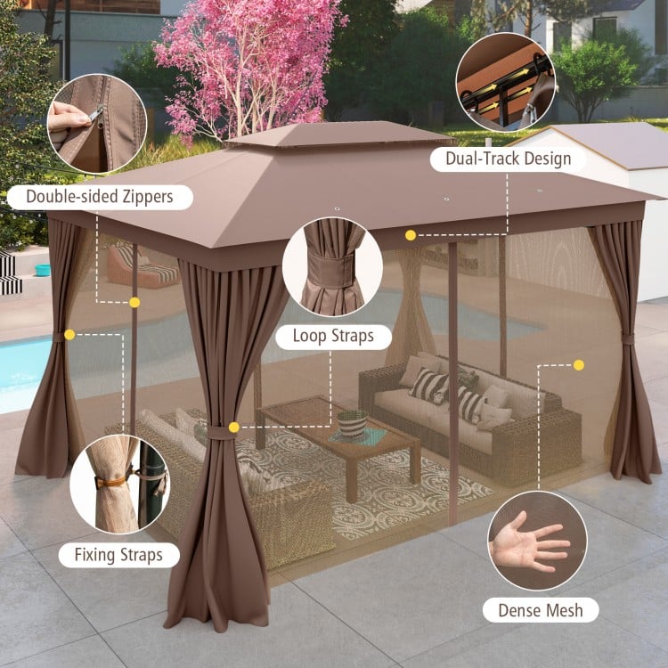 Patio gazebo with double roof, mesh netting, and privacy curtains, featuring loop straps and zippers for easy access.