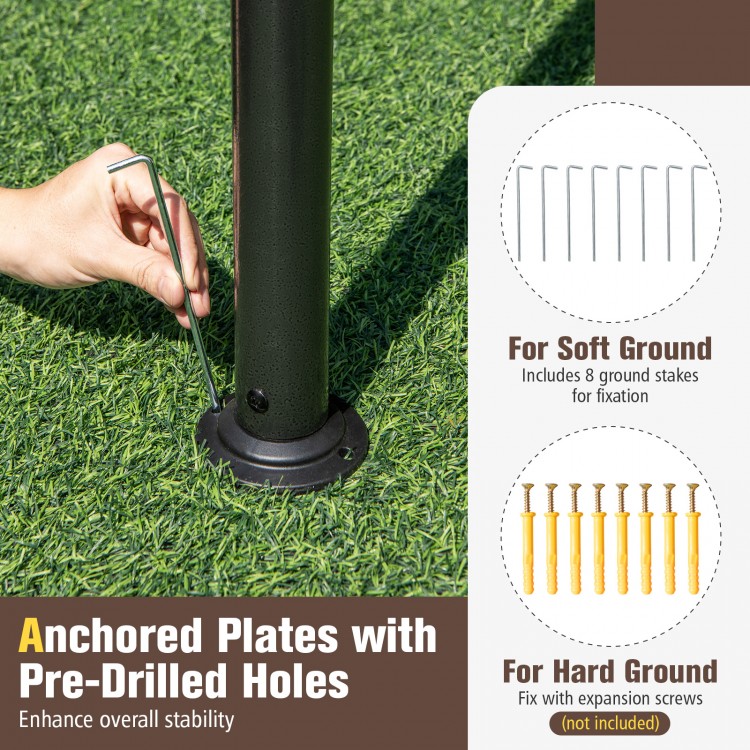 Anchored plates with pre-drilled holes for the 10 x 13 feet patio gazebo, enhancing stability with ground stakes and.
