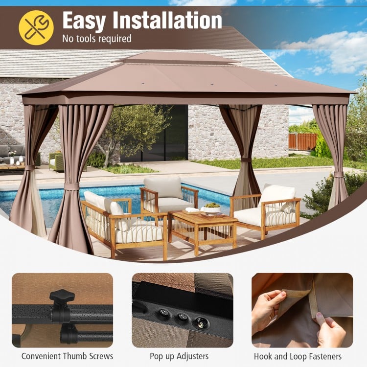 Patio gazebo with double roof, mesh netting, and privacy curtains, featuring easy installation and sun protection.
