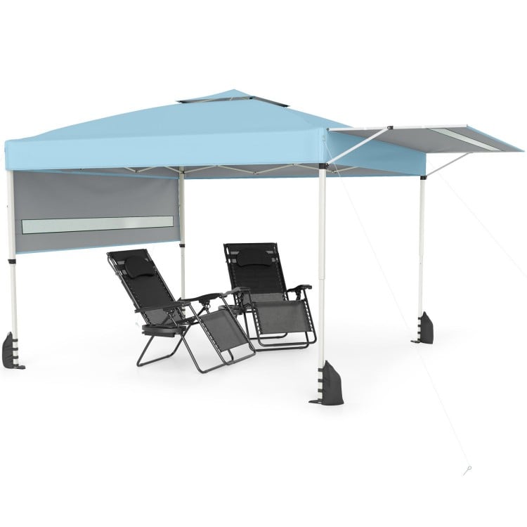 Pop-up canopy tent with dual adjustable awnings in blue, perfect for outdoor gatherings and sun protection.