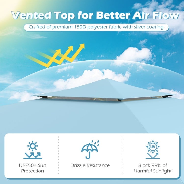 Vented top of the blue 10 x 17 feet pop-up canopy tent enhances airflow, ensuring comfort during outdoor gatherings.