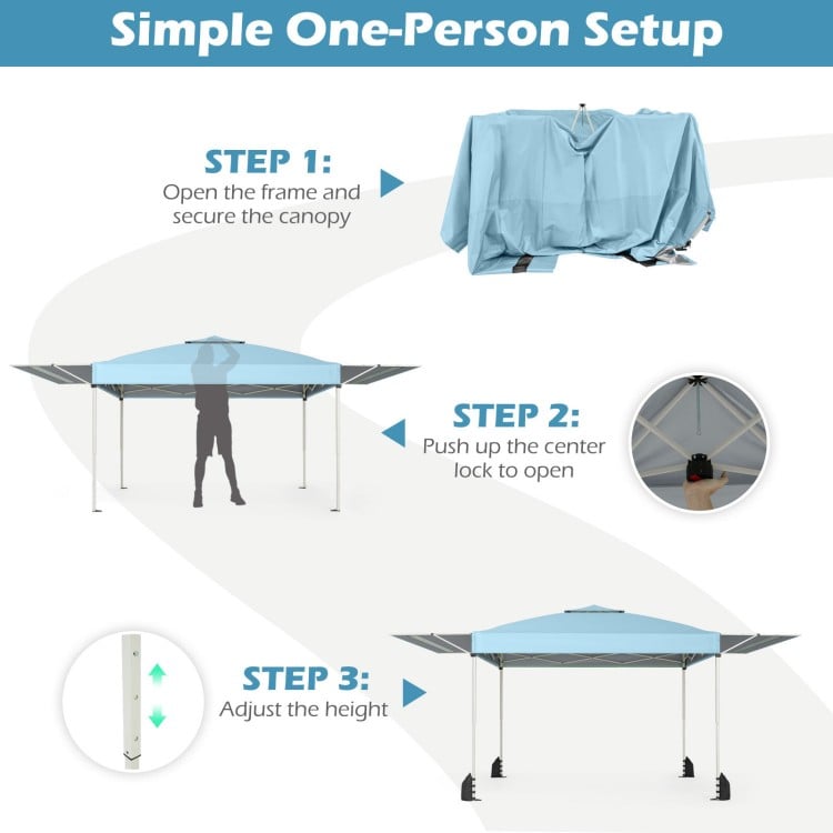 Pop-up canopy tent with dual adjustable awnings in blue, ideal for outdoor gatherings and easy solo setup.