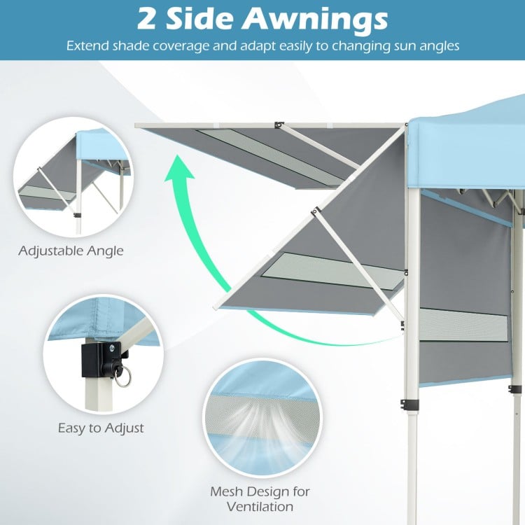 Adjustable side awnings of the blue pop-up canopy tent provide extended shade coverage and ventilation for outdoor.